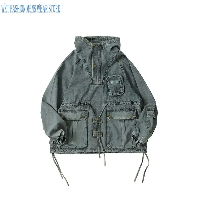 Denim Jacket Loose Retro Leisure Pullover for Women and Men Coats Motorcycle Sleeve Length Casual Outerwear Pocket Streetwear