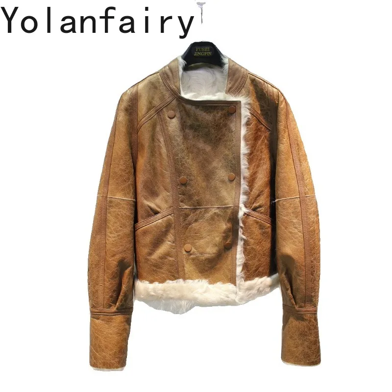 YOLANFAIRY Women Short Real Shearling Coat Double Breasted Retro Casual Natural Lamb Sheepskin Leather Jacket Silky Soft Winter