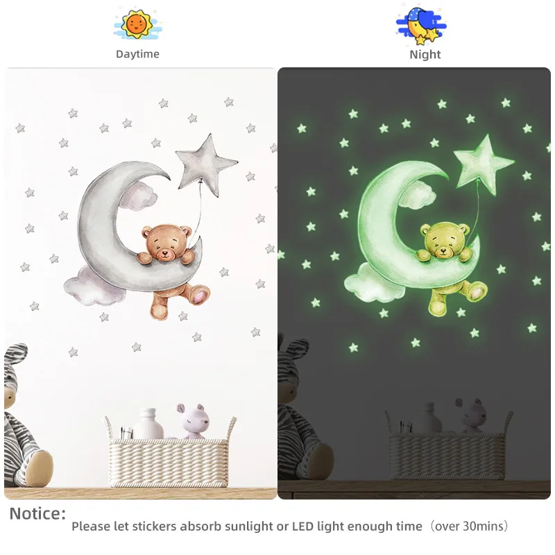 Cute Luminous Wall Stickers Teddy Bear on the Moon Stars Glow in the Dark Wall Decals for Kids Room Baby Nursery Home Decor