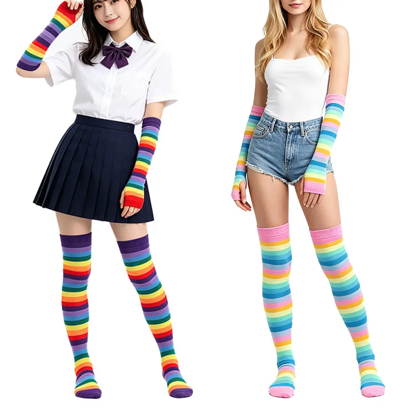 1 Set Rainbow Gloves Over Knee Thigh High Socks Set for Girls School JK Uniform Cosplay Accessories Arm Leg Warmers Oversleeves
