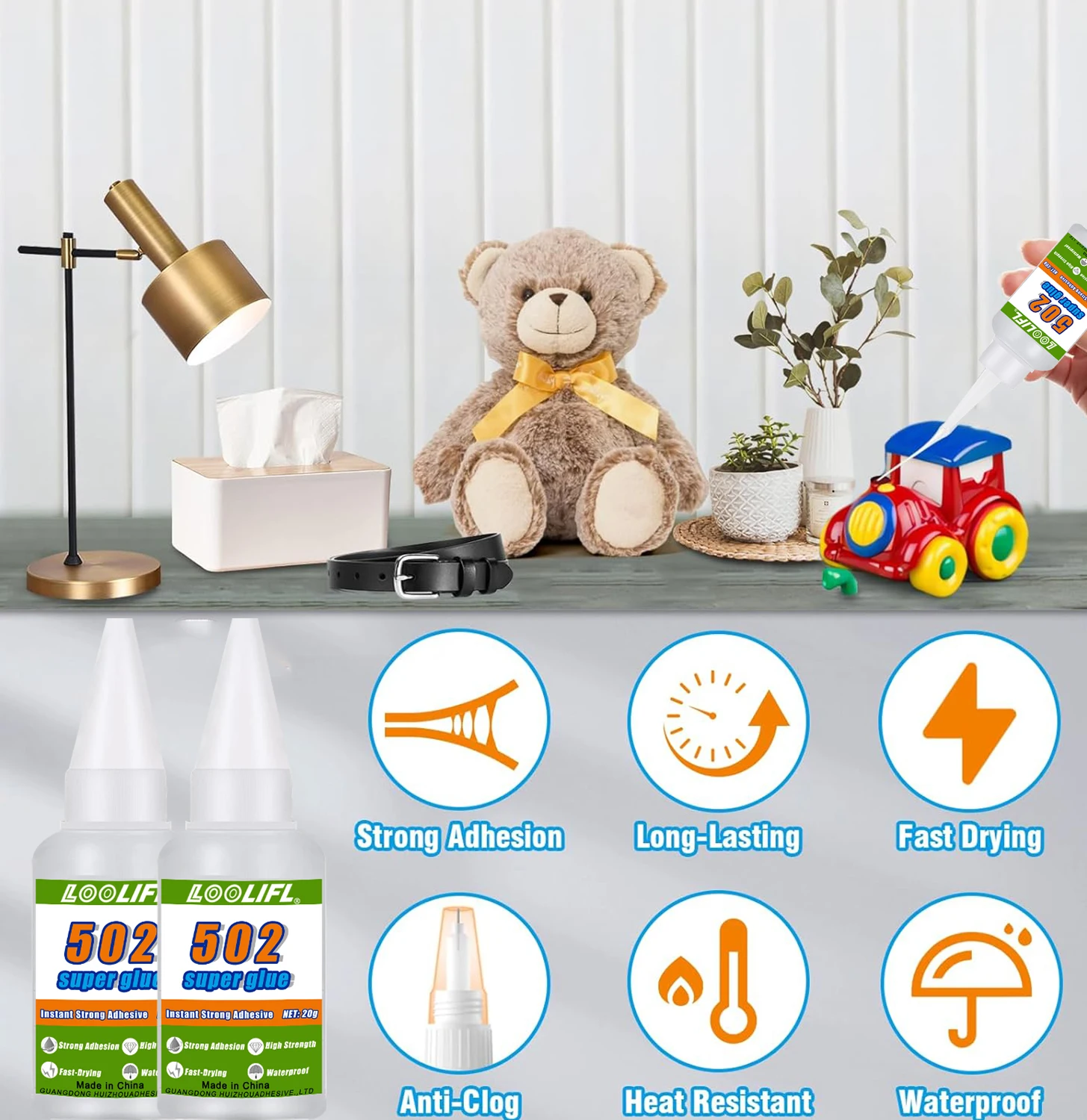 

Upgraded 502 super glue, 10 seconds adhesion, waterproof, excellent adhesion, suitable for ceramics, plastics, wood, metal.