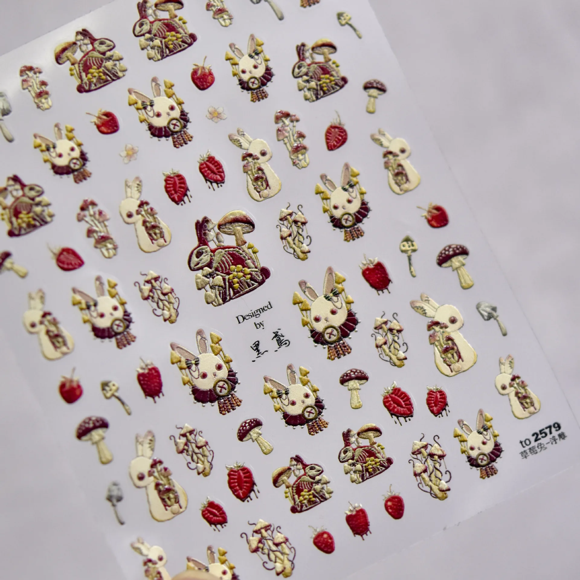 1 Sheet 5D Realistic Relief Sick Doll Rabbit Strawberry Mushroom Withered Rose Adhesive Nail Art Stickers Decals Manicure Charms