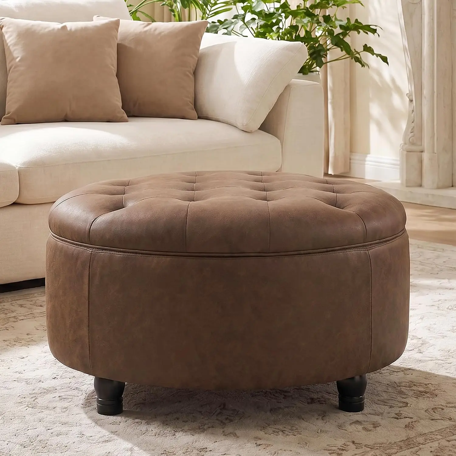 30 Inch Round Ottoman With Storage Leather Coffee Table Button Tufted Removable Lid Footrest Stool Container Organizer For Living Room Bedroom Office Cognac Tan