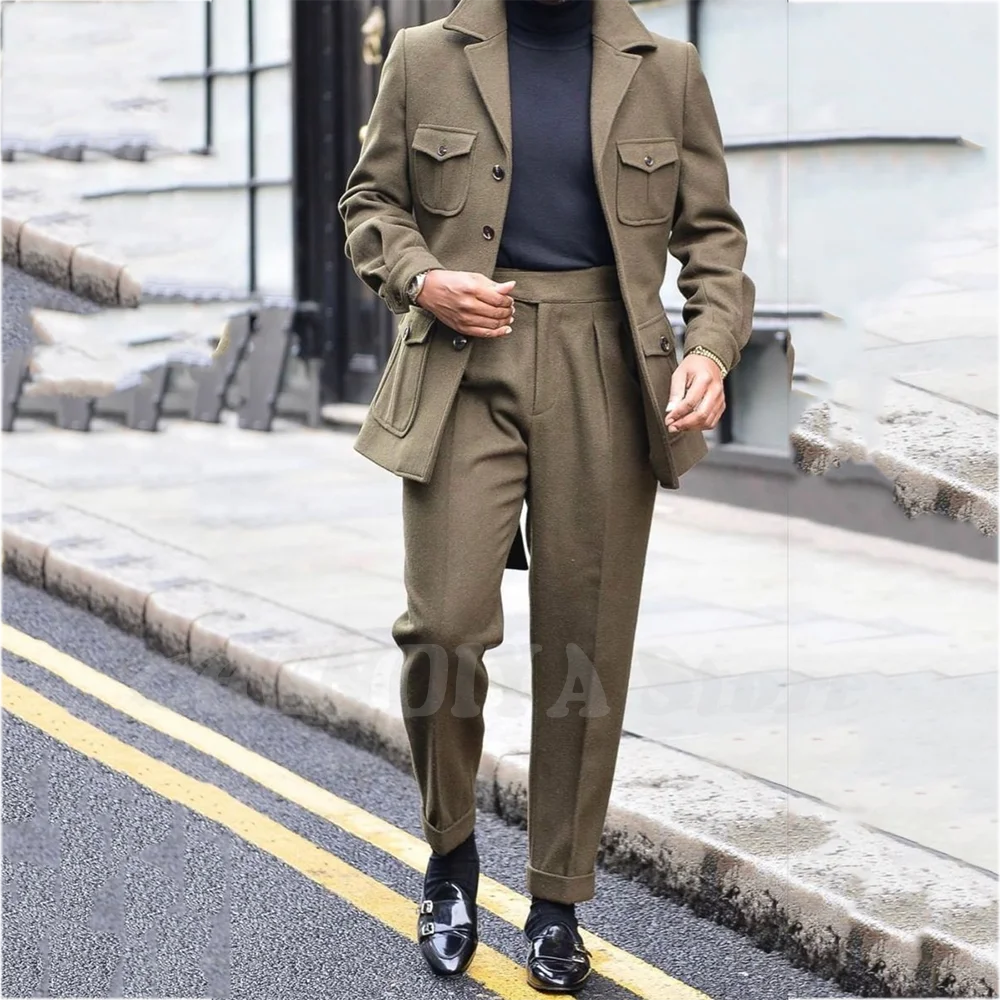 Notched Lapel Men Suit Two Pieces Handsome Single Breasted Male Clothing Multi Pockets Business Office Formal Blazer Set