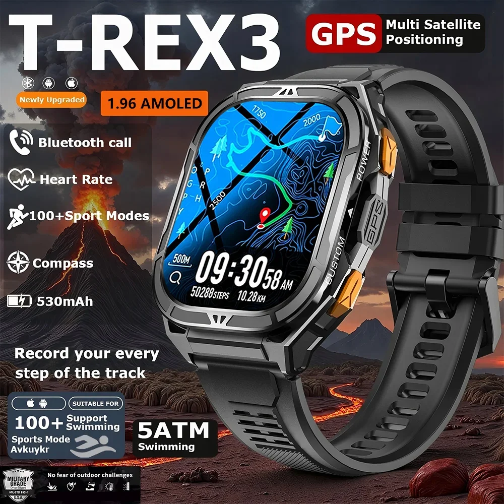 

New GPS Track Smart Watch Men 5ATM Waterproof 1.96"AMOLED Always Display Compass Heart Rate 530mAh Battery BT Call Smartwatch