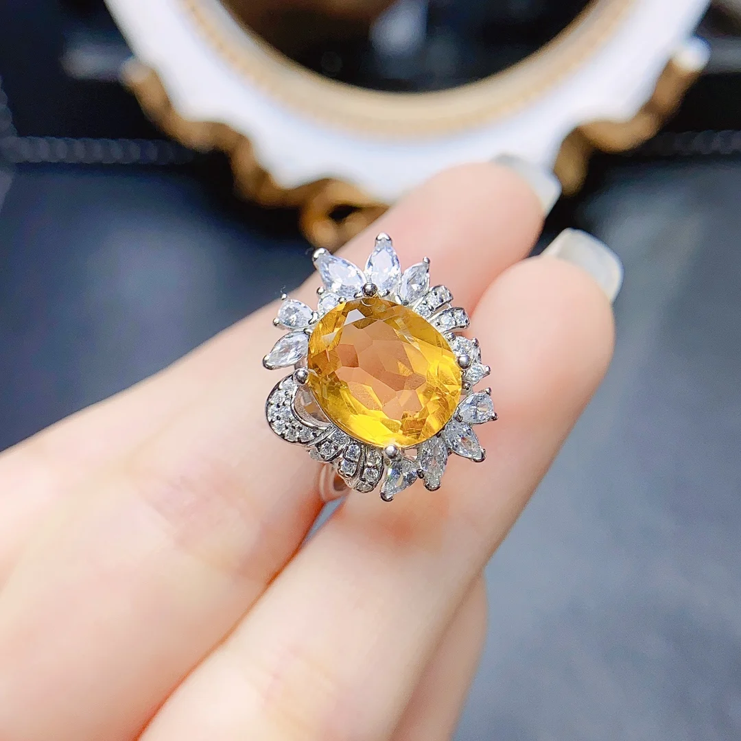 FS 9*12mm Real S925 Sterling Silver Fine Charm Natural Citrine Flower Ring Weddings Jewelry for Women With Certificate MeiBaPJ