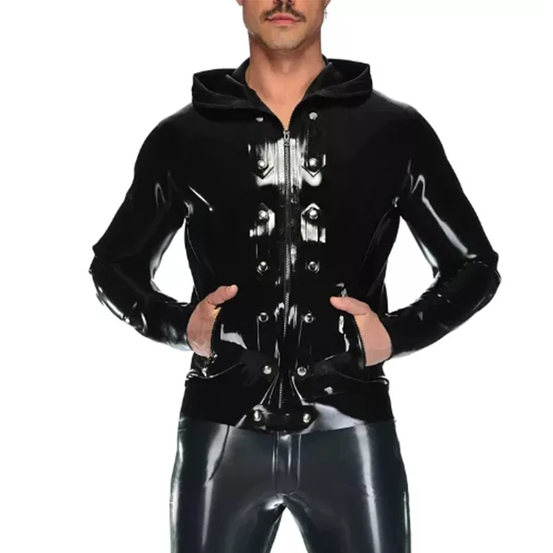 

Handmade Men Latex Tops Rubber Jacket Hoodie with Front Zip Fetish