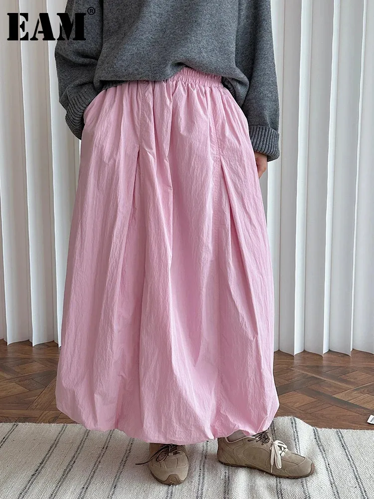 

[EAM] High Elastic Waist pink Color Cotton-padded Warm A-line Half-body Skirt Women Fashion Tide New Autumn Winter 2024 1DH7473