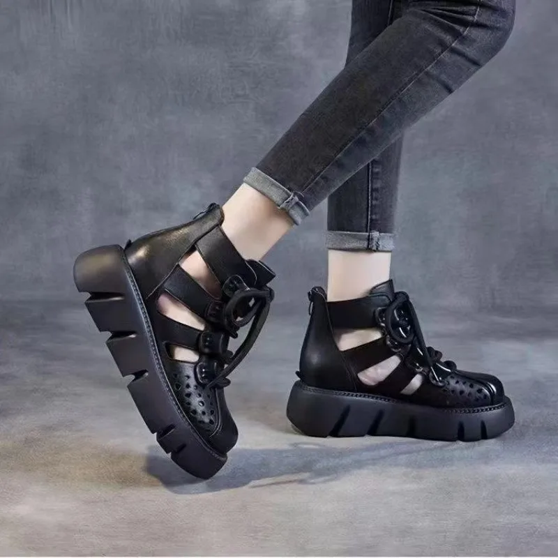 Women's Platform Combat Boots 2026 Spring Summer Cutout Breathable High Top Wedge Heel Retro Summer Booties