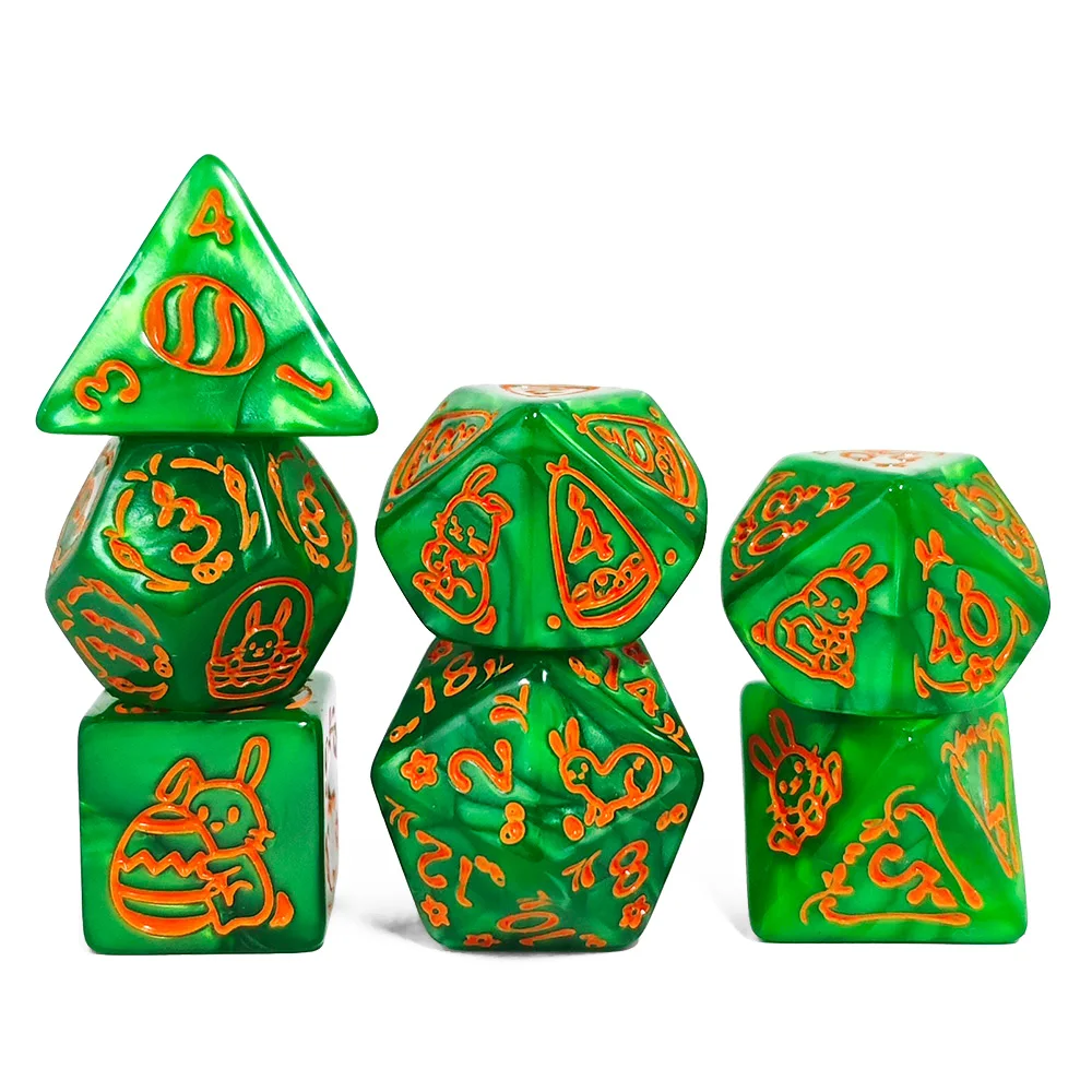 Osterhase Polyedrisches Würfelset, 7-teilig, Grün Marmoriertes Acryl-DND-Würfelset mit Niedlicher Hasen-Gravur, Orange Tinte Tischspiel-RPG-Würfel