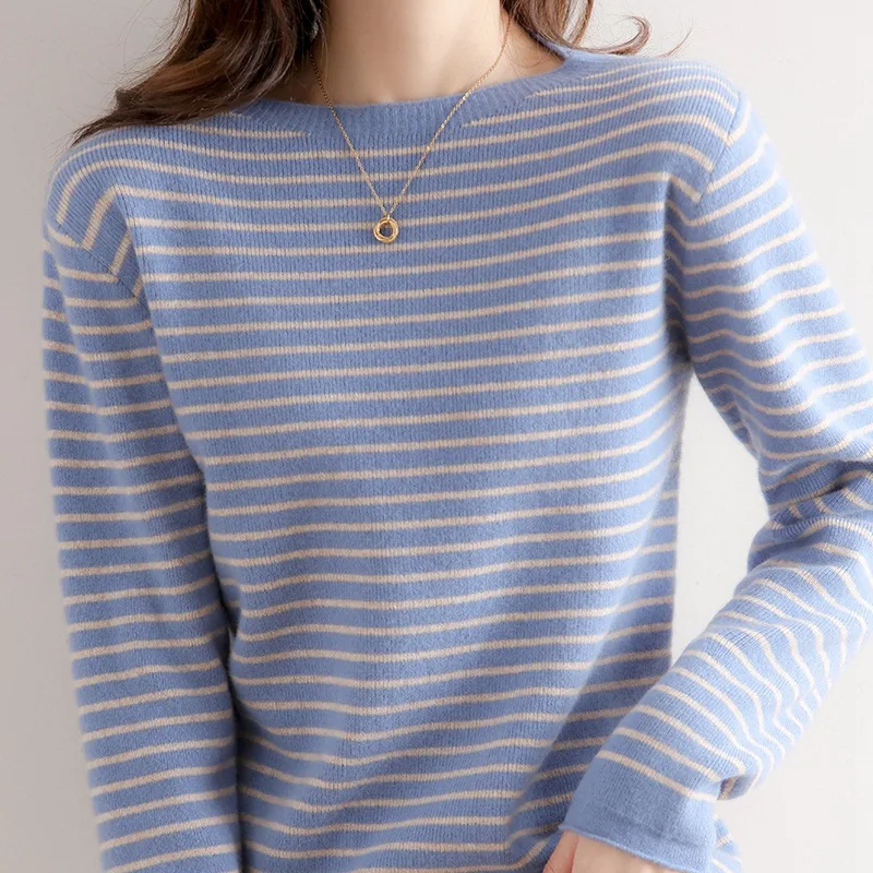 Women O-Neck Striped Sweater Harajuku Winter Retro Women\'s Thick Slim Stretch Warm Tops 2022 Autumn Knitted Pullover