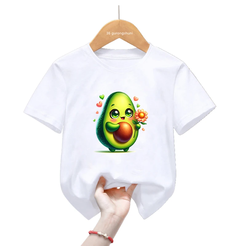 Cute Avocado Love Flowers Printed White Tshirt Girls/Boys Funny Kawaii Kids Clothes Summer Short Sleeve T-Shirt