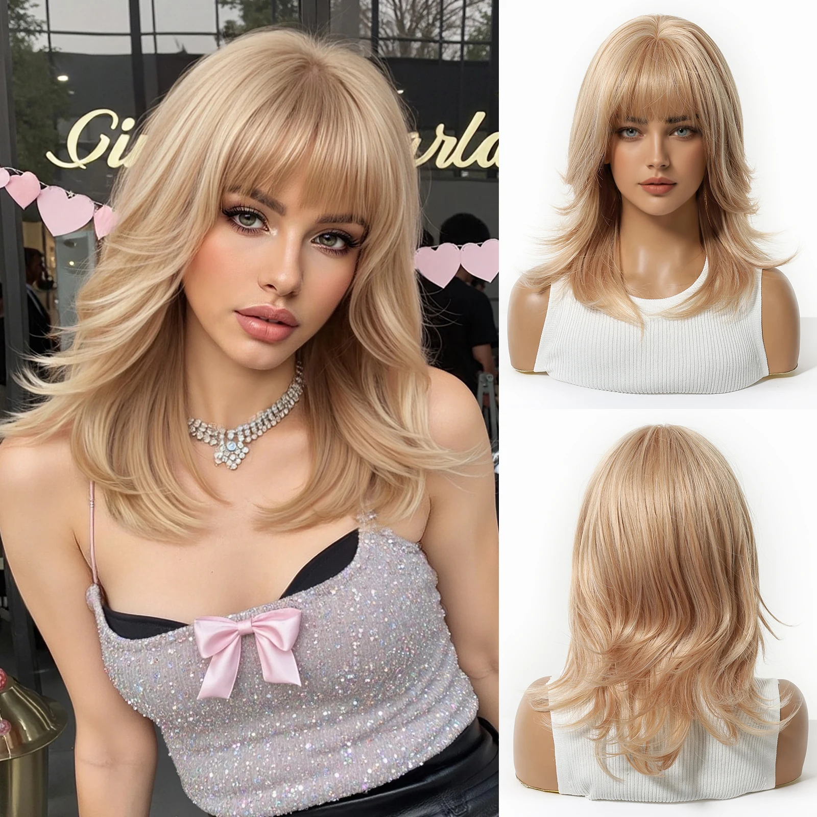 

Allbel Magique Light Blonde Fluffy High Temperature Synthetic Hair Wig Medium Length Wavy Style for Women Cosplay Party Suitable