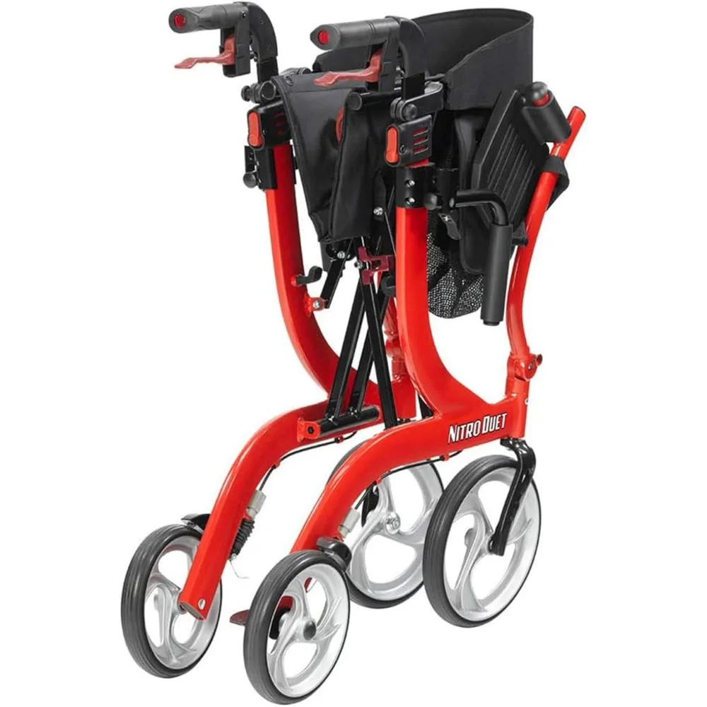 Nitro Dual Function Transport รถเข็นวีลแชร์และ Rollator Rolling Walker Combo พร้อมระบบเบรกแบบเปิดใช้งานด้วยมือและพนักพิงหลัง สีแดง