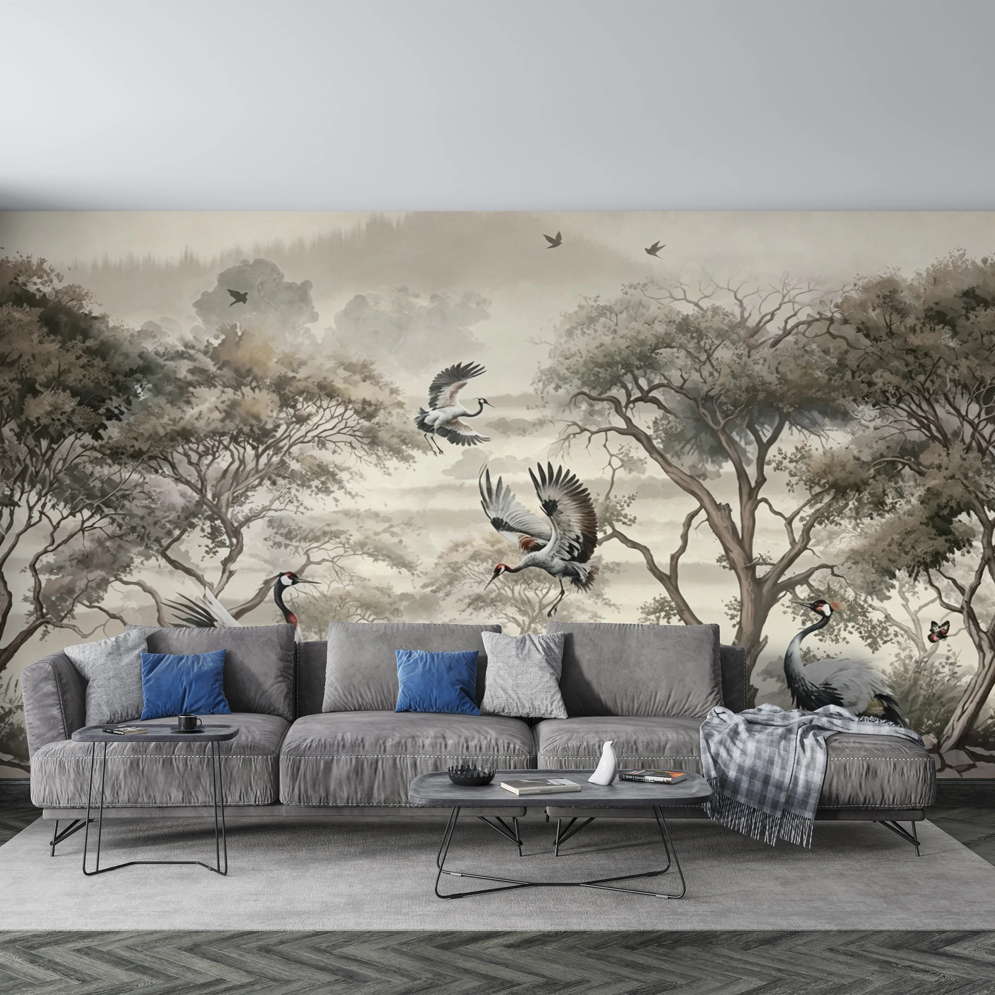 Custom Chinese Style Wallpaper Red‑Crowned Crane Tree Mountain Ink Landscape Mural for Living Room Bedroom Wall Decor