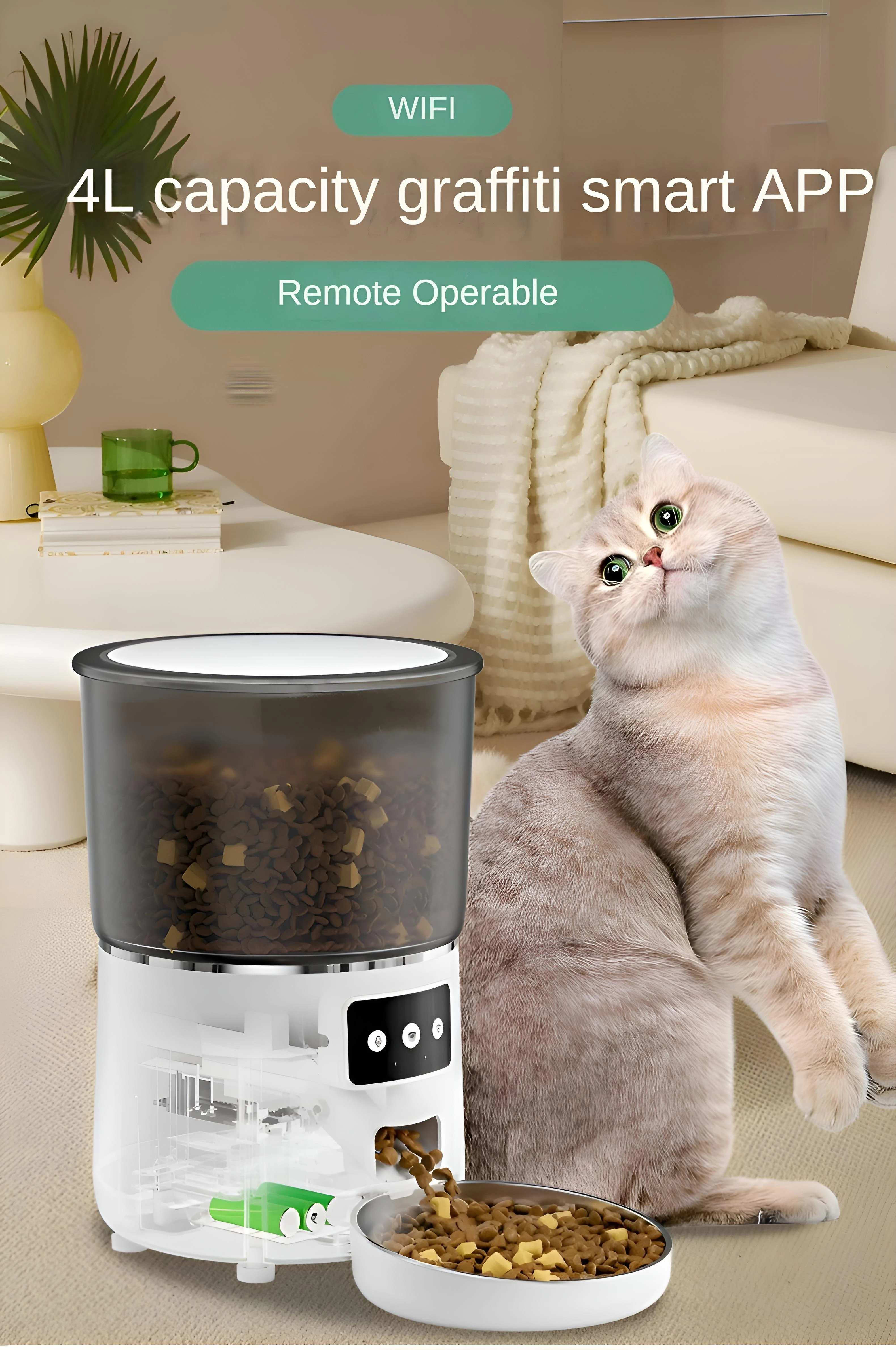 

Pet automatic feeder/4L grain storage WIFI remote/graffiti app/voice and video stainless steel bowl