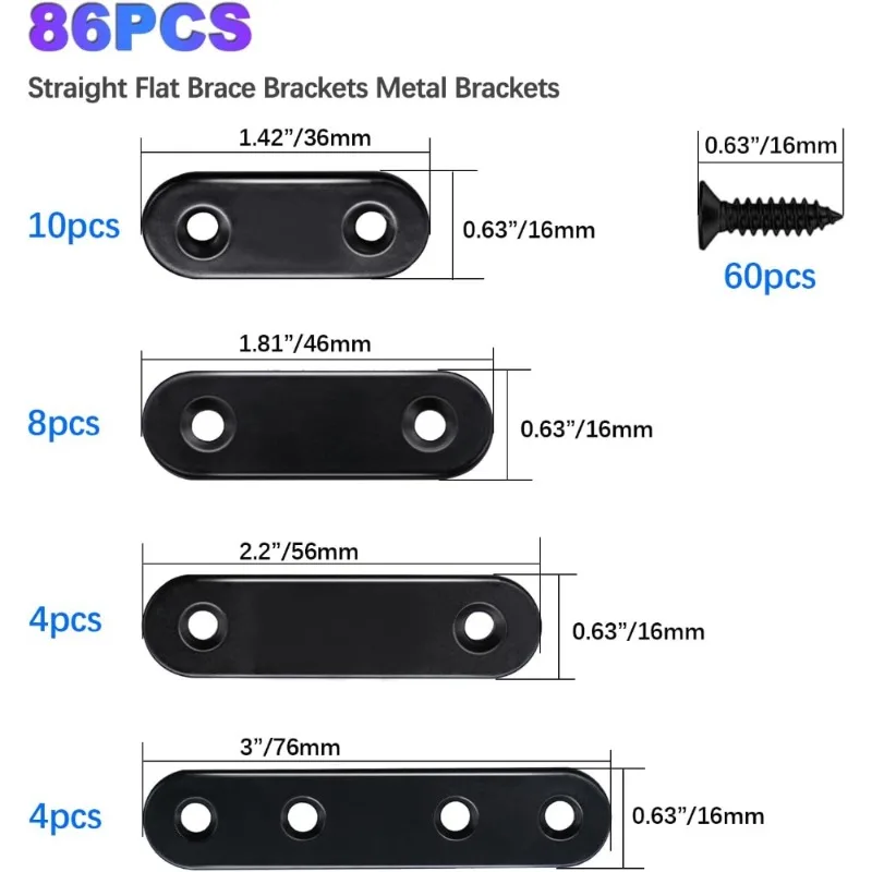 1 Set of 86pcs Black Flat Stainless Steel Brackets with Screws, Angle Bracket Fasteners, Shelf Supports, Flat Metal Repair Plate