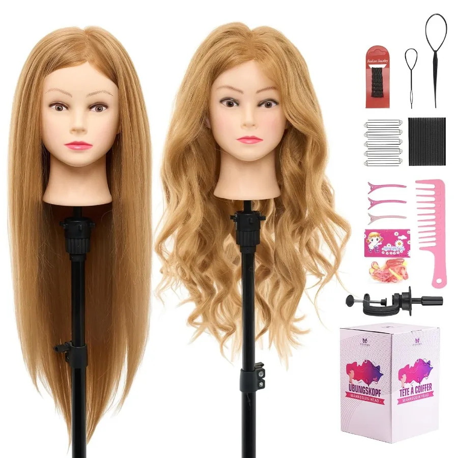 

28 Inch Mannequin Head with 80 Real Human Hair for Cosmetology and Hairdressing Training: Ideal Practice Tool for Styling Braid