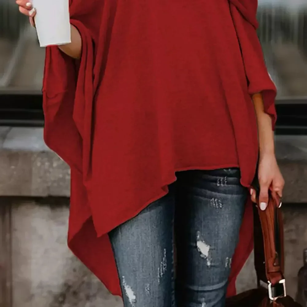 Women Solid Color Turtleneck Irregular Top Loose Long Fashion Casual Tops Blouse