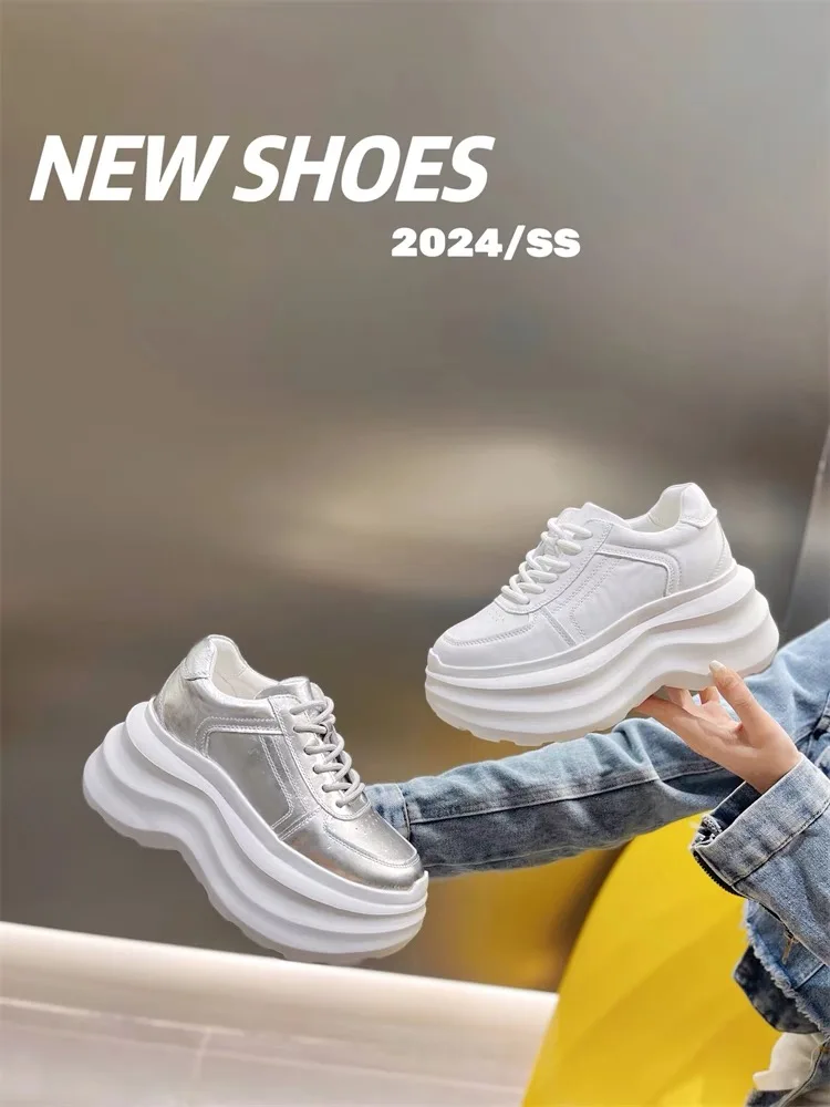 Women Sliver White Boat Chunky Sneakers Casual Shoes Luxury Brand High Heels Platform Spring Thick Bottom Height Increasing 2024