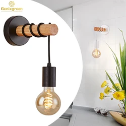 Genixgreen Vintage Wood Wall Lamp E27 Modern Indoor Wall Light Black White Wooden Sconce Home Indoor Stair Decorartion Lighting