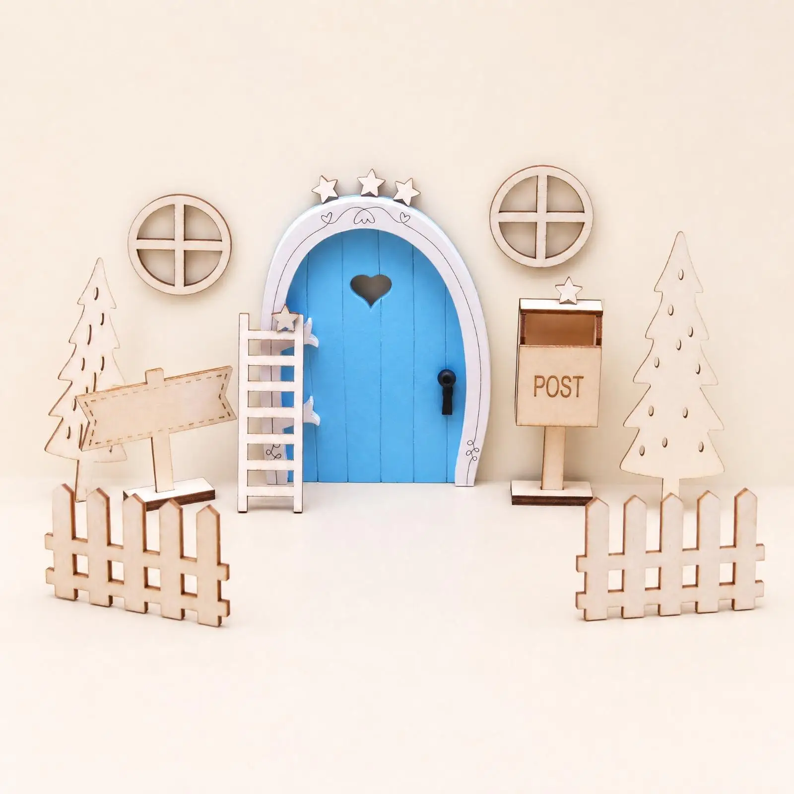 Whimsical Miniature Wooden Fairy Door Set with Fence Trees Mailbox for Dollhouse Craft Projects Fairy Garden Diorama Props