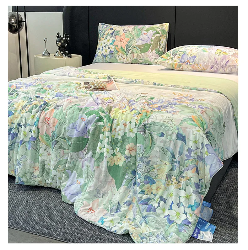 Floral Print Summer Thin Quilt Soft Skin-friendly Lightweight Air Conditioning Comforter Quilted Throw Blanket Queen King Size