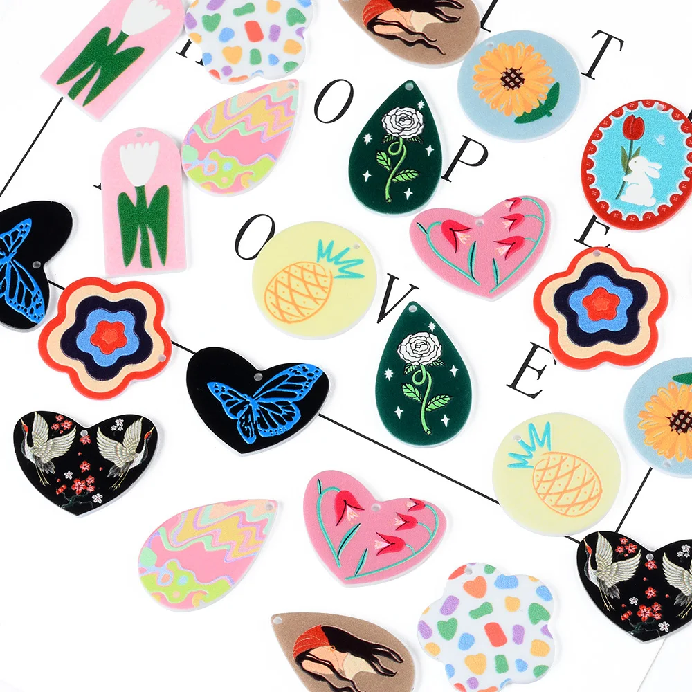 

6pc Butterfly/Animal/Fruit Painting Acrylic Plate Pendants Jewelry Accessory Handmade Connector DIY Earring Component for Women