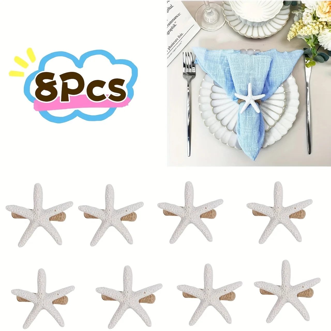 8Pcs/Set Starfish Napkin Rings White Sea Star Napkin Rings Bulk for Coastal Beach Dinning Table Decoration