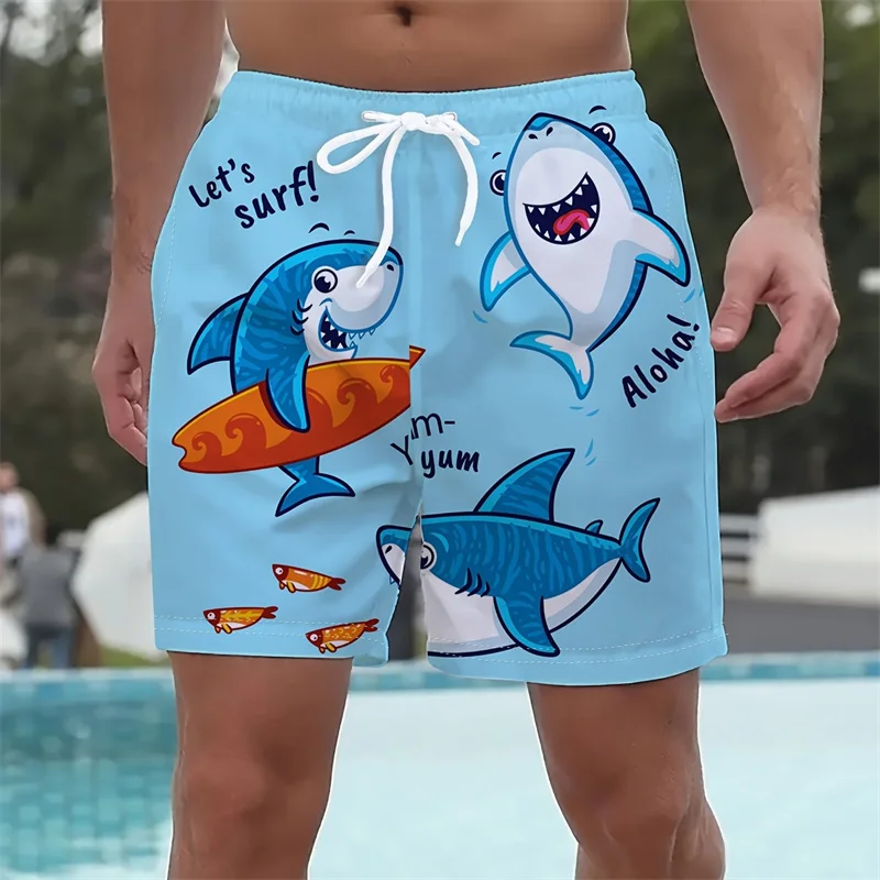 3d Printed Cartoon Shark Pattern Beach Shorts For Men Colorful Animal Graphic Swimming Trunks Summer Men's Hawaiian Board Shorts