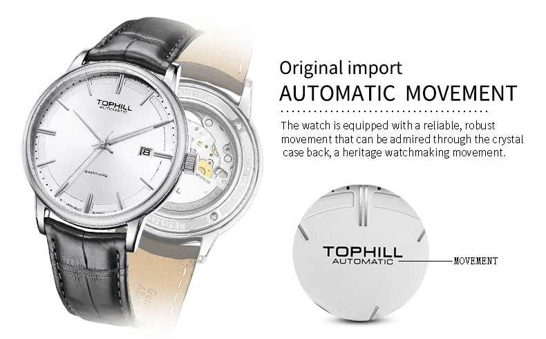 TOPHILL Stainless steel  Automatic Mechanical Men Watches High Quality Men Luxury Leather Watch Waterproof Bussiness Wristwatch