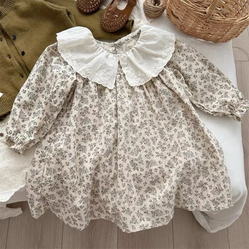 

Spring and Autumn Girls' Floral Cotton Long sleeved Dress Embroidered Lace Collar Children's French Doll Dress