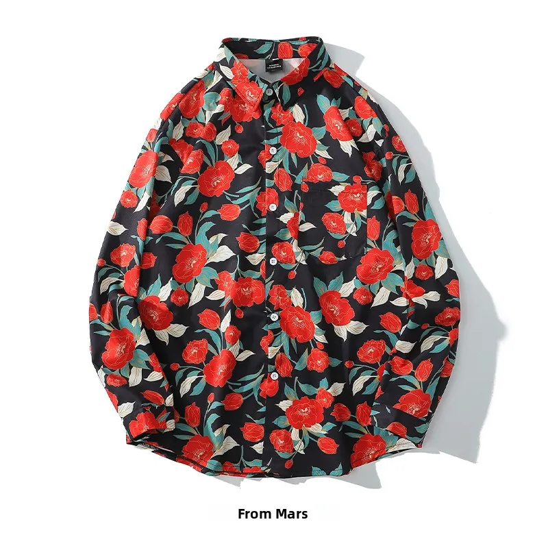 

Свободная рубашка с длинными рукавами и цветочным принтом в винтажном стиле, в стиле Гонконг, для пар, от бренда Youth Trend, осенняя коллекция