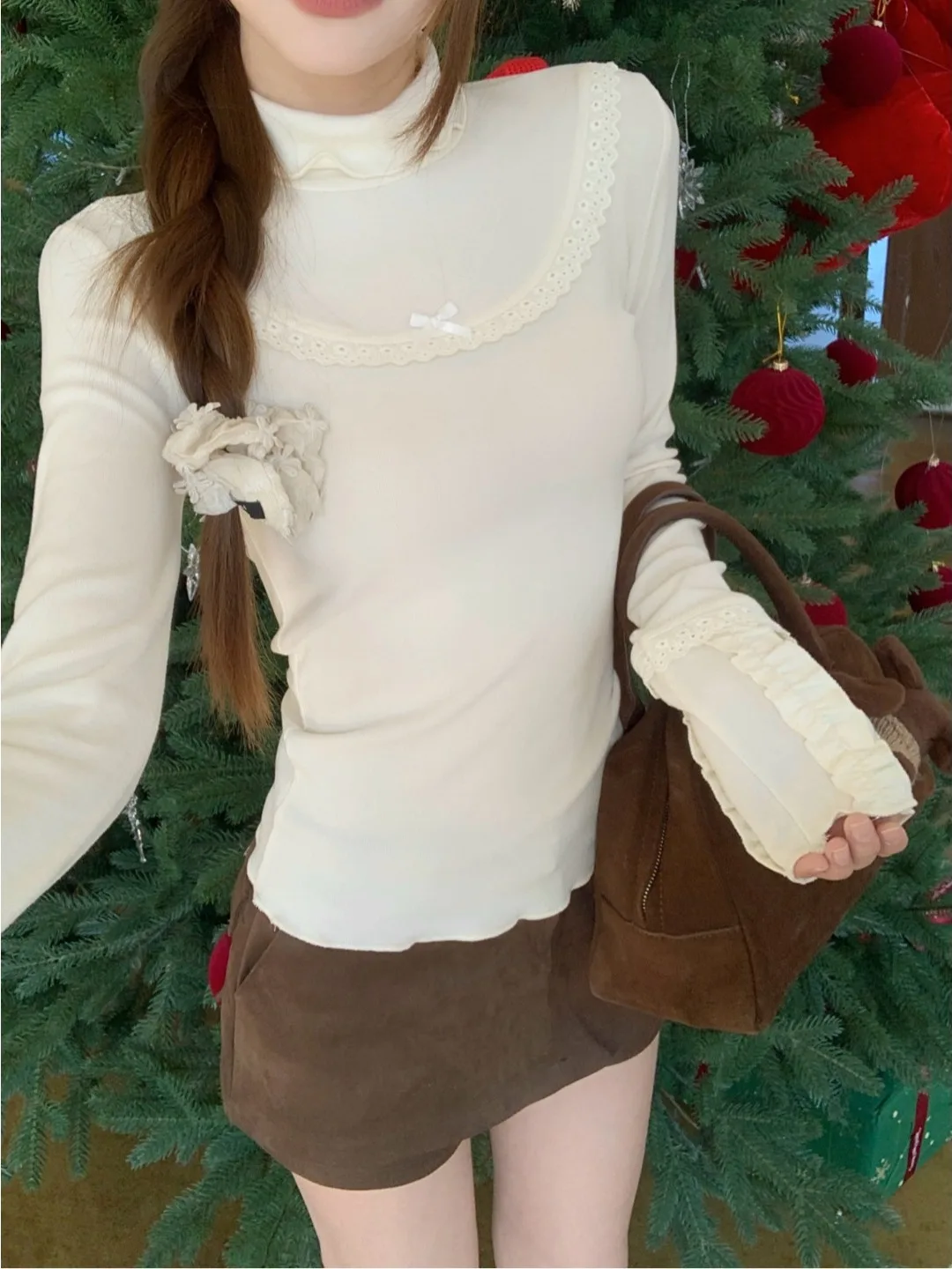 Elegante Maglietta Coreana da Donna a Maniche Lunghe, Aderente, con Collo Alto, Base Interna, Top Invernale con Fascia in Vita