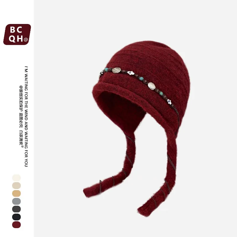 Japanische Nischen-Perlenmütze im Ethno-Stil, gestrickte Pullover-Mütze für Winterwärme und künstlerischen Ohrenschutz, Bombermützen für Damen – Detail 3