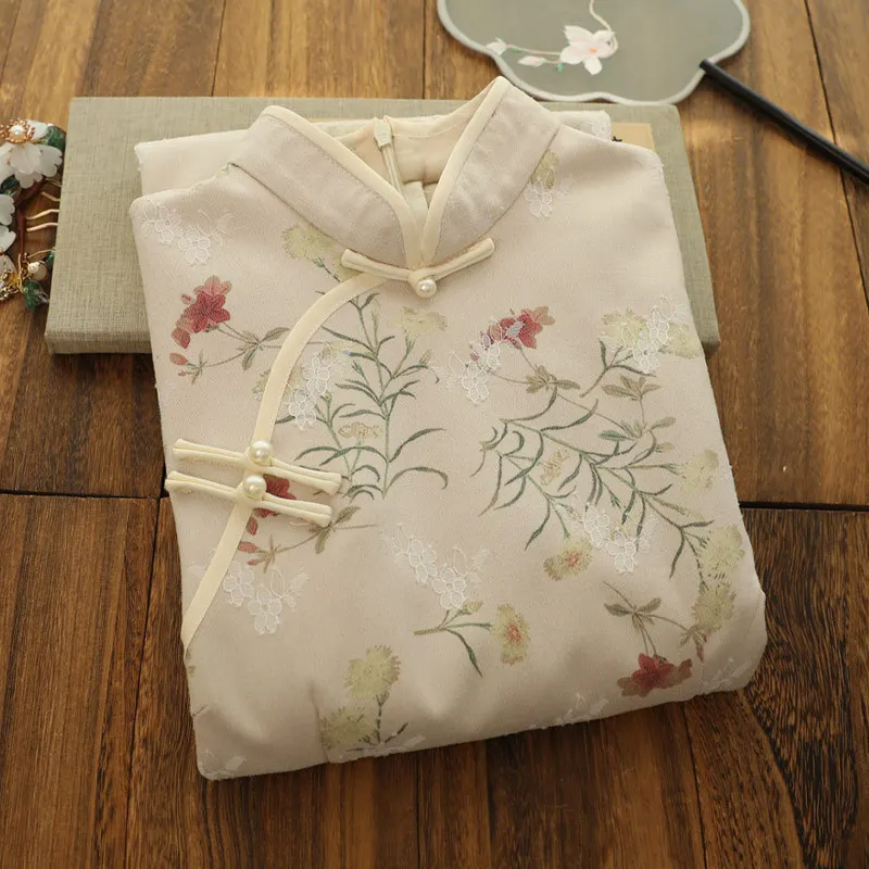 

Spring Beige Chinese Traditional Cheongsam Novelty Retro Lace Long Dress Handmade Button Suede Women Qipao