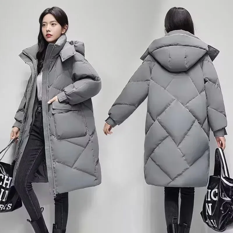 Pop Pop 2025 Spring Autumn And Winter New Down Cotton Women's Mid Length Over Knee Cotton Coat Korean Fashion Casual Loose Thick