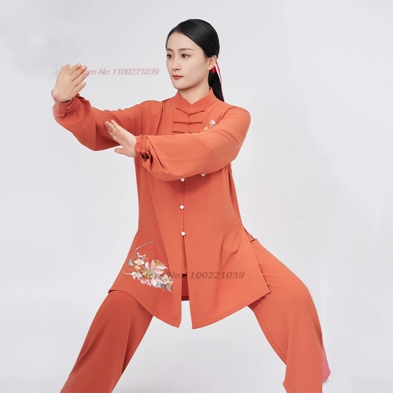 太極拳武術ユニフォーム、朝のエクササイズ用の中国のユニフォーム、トップパンツセット、花の刺embroidery、トレーニング練習、ステージチームのパフォーマンス、2024