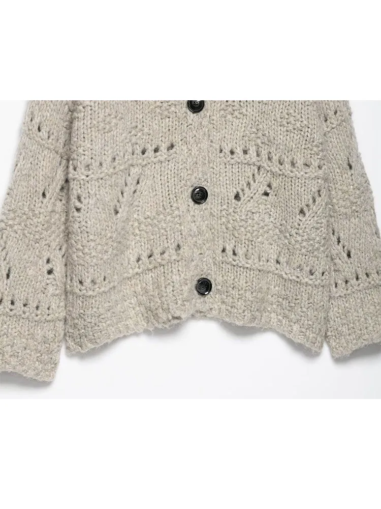 HH レディース秋ファッションニットトップス無地折り返し襟長袖透かし彫りシングルブレスト女性カジュアルカーディガン