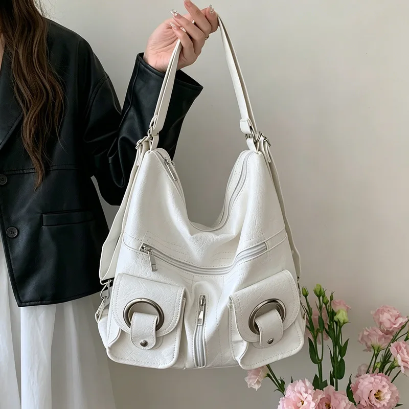 Soft Faux Leather Multi Pocket Hobo Shoulder Bag, Adjustable Backpack, Large Capacity Casual Purse for Women Daily Commute