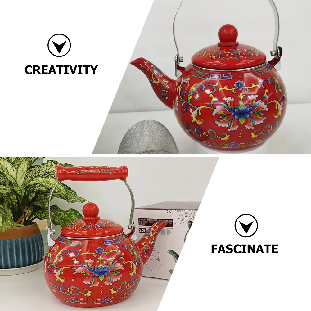 

Thickened Enamel Kettle 2 2L Stovetop Tea Pot Flower Vintage Coffee Boiler Smooth Spout Large Capacity Kitchen Office Use