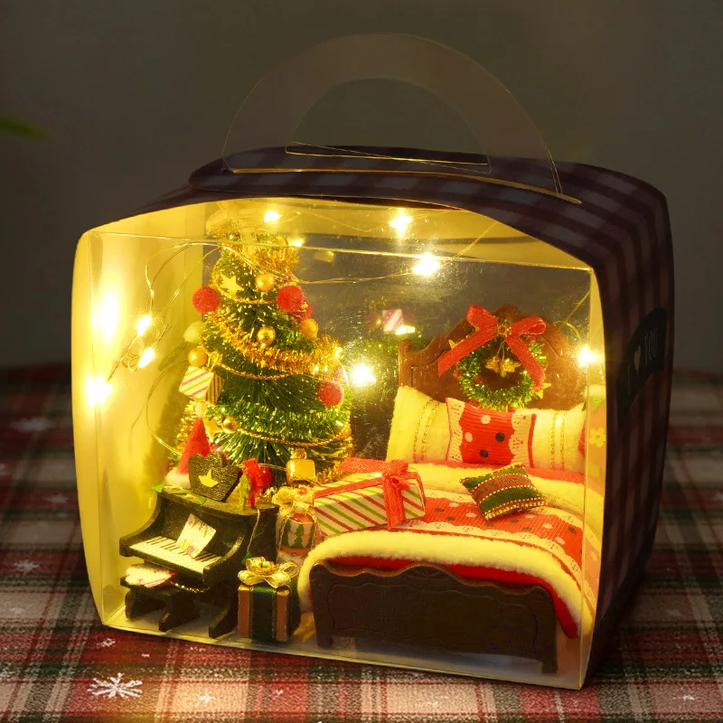 DIY Christmas Dollhouse Bedroom Kit, Mini Bed Piano Xmas Tree Gift Box, Handmade Micro Scene Ornament