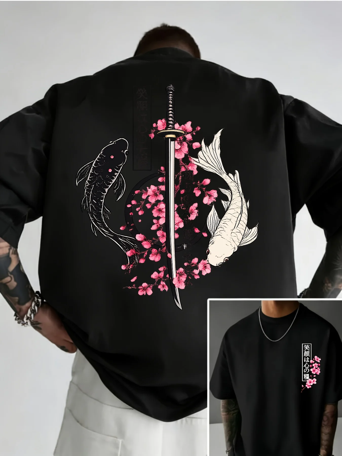 Men's Vintage Japanese Koi Fish Sword T Shirt Cotton Jogging Top Tee Casual Trendy Oversized Loose O-Neck Unisex Summer Spring