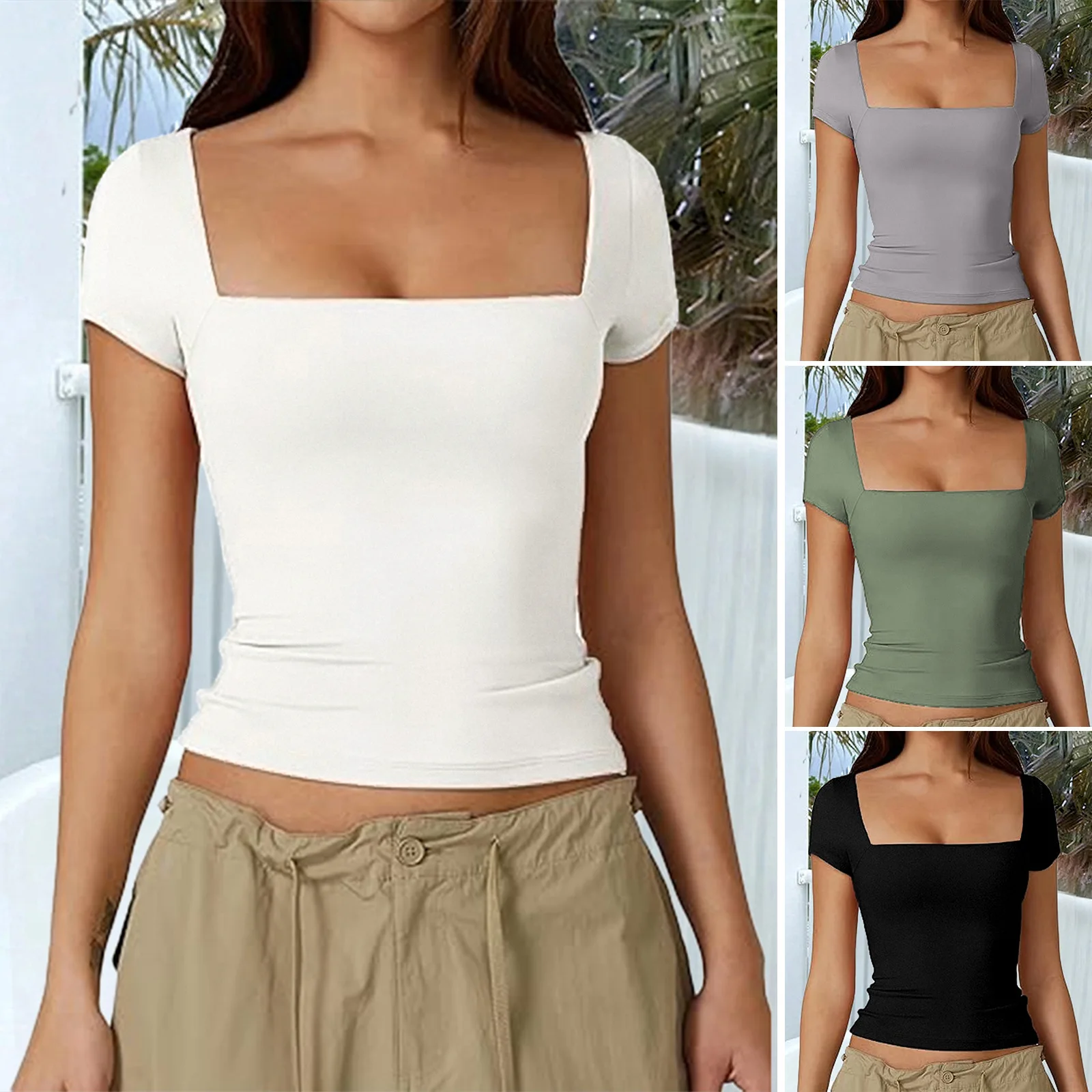 

Лето 2024, женские топы с короткими рукавами, женские топы с квадратным воротником, облегающая женская футболка, однотонная женская нижняя рубашка