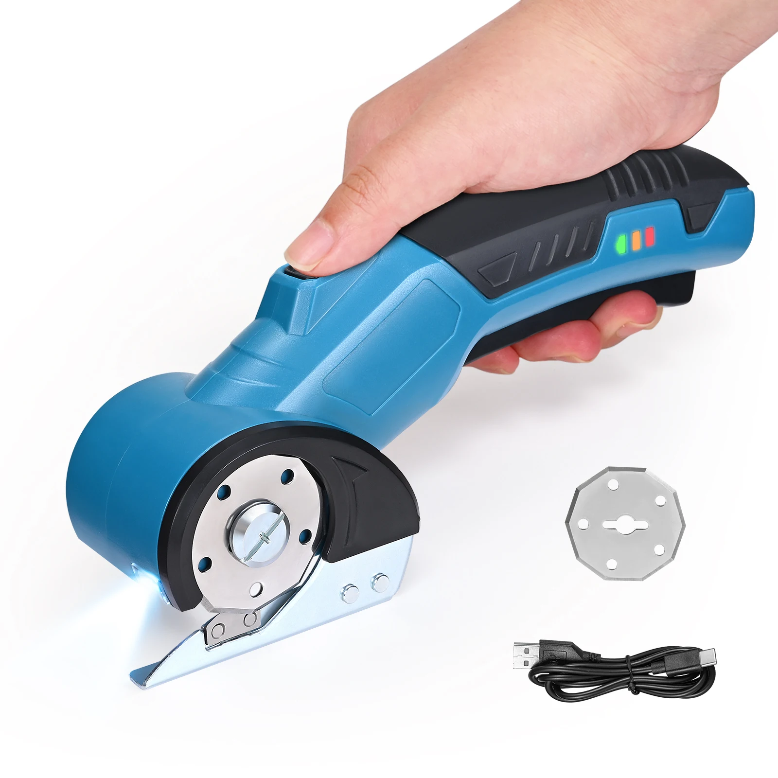 Coupeur rotatif électrique sans fil avec lumière LED, lame en acier SK5, verrouillage de sécurité pour la coupe de tissu, du cuir et du carton