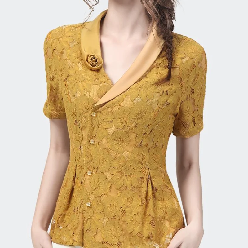 

Office Lady Elegant Luxury Lace Chic Shirts Tunics V-Neck Embroidery Women Hollow Out Solid Summer Female Clothing Short Blouses