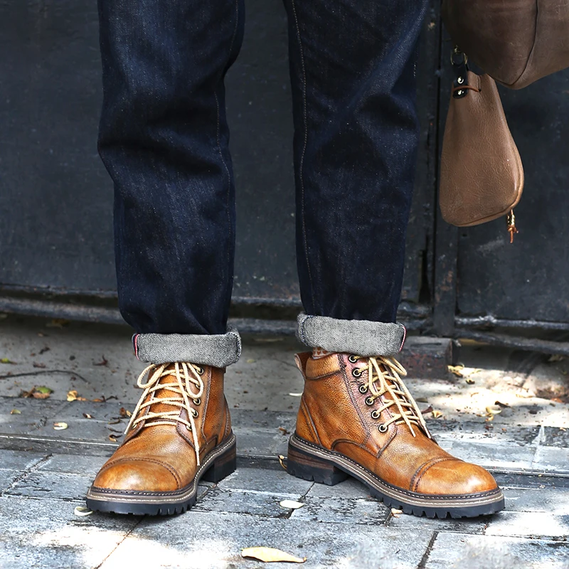 Men's Goodyear Welt Combat Boots, British Vintage Burnished High Top Leather with Height Increasing Sole, Classic Knight Style