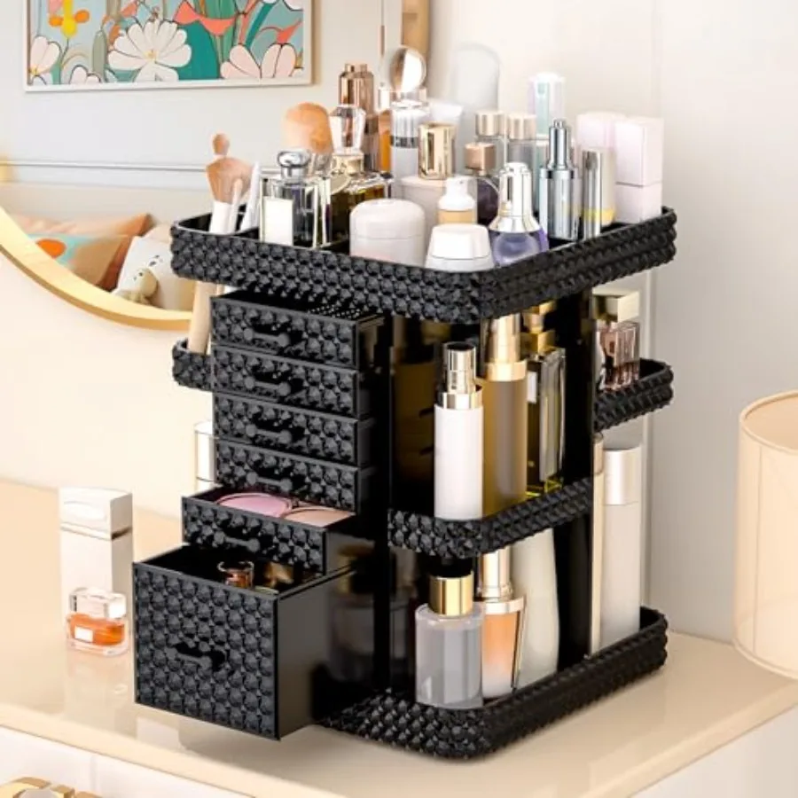 

360 Rotating Makeup Organizer for Vanity Large Skin Care Organizer with 6 Drawers Acrylic Cosmetic Organizer Adjustable Spinnin