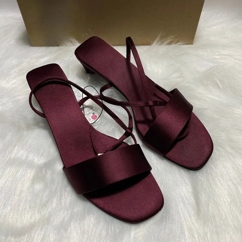 Luxury Satin Ankle Strap Low Heels Women Modern Sandals Summer Elegant Open Toe Brand Designer Large Size Female Office Shoes