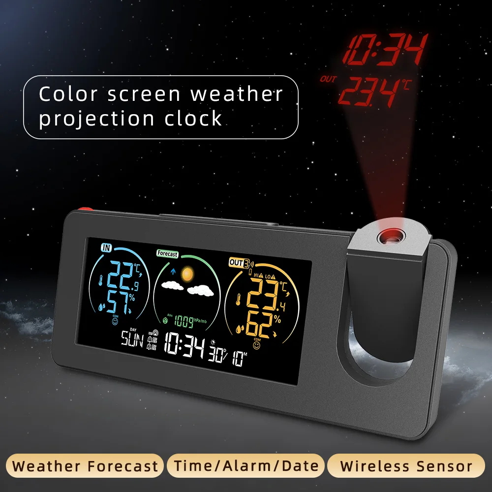 Weather Station Projection Alarm Clock Wireless Indoor Outdoor Thermometer Atomic Clocks Rotating Projector Forecasting Station